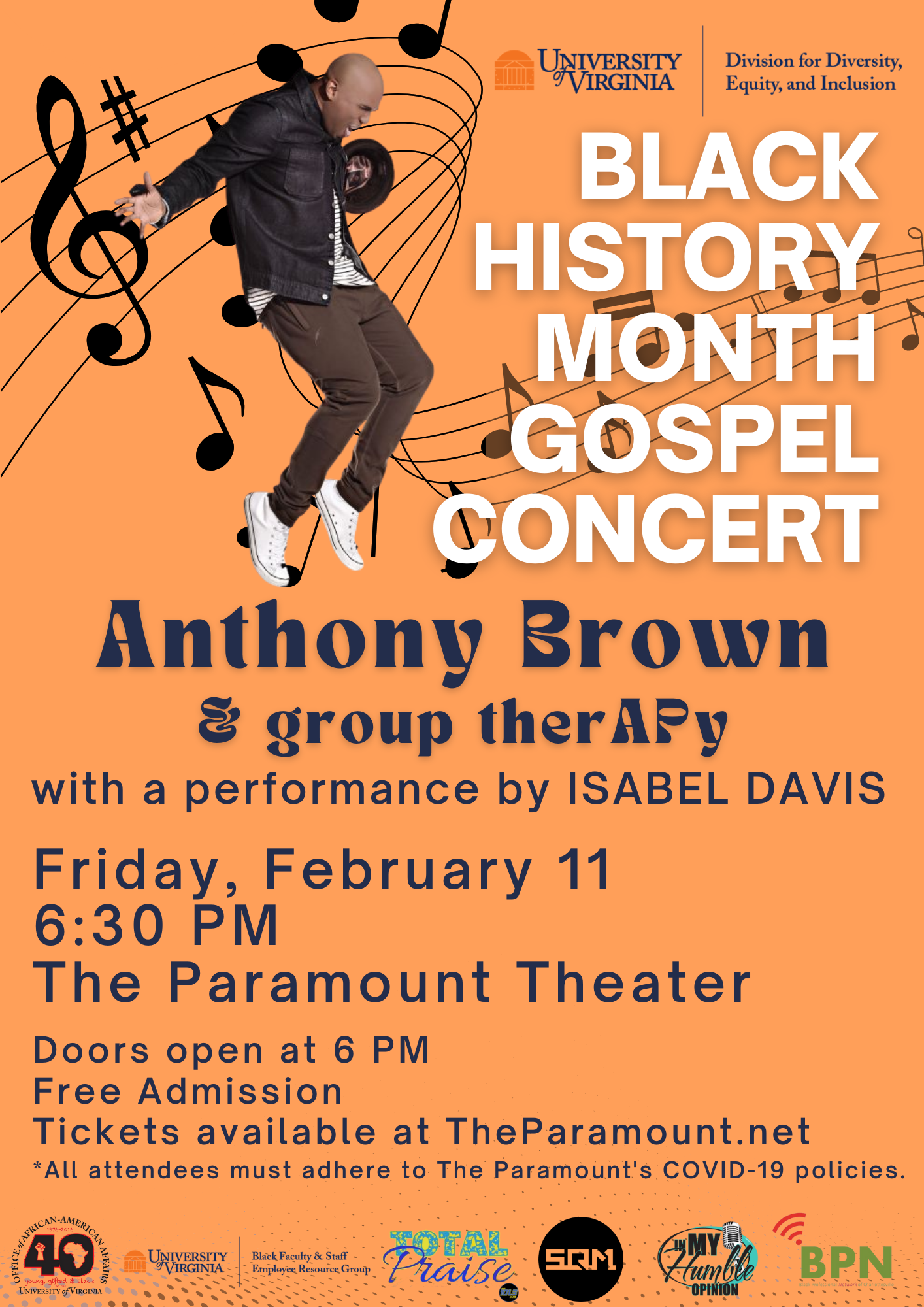 black history month gospel concert with a picture of a man dancing 
