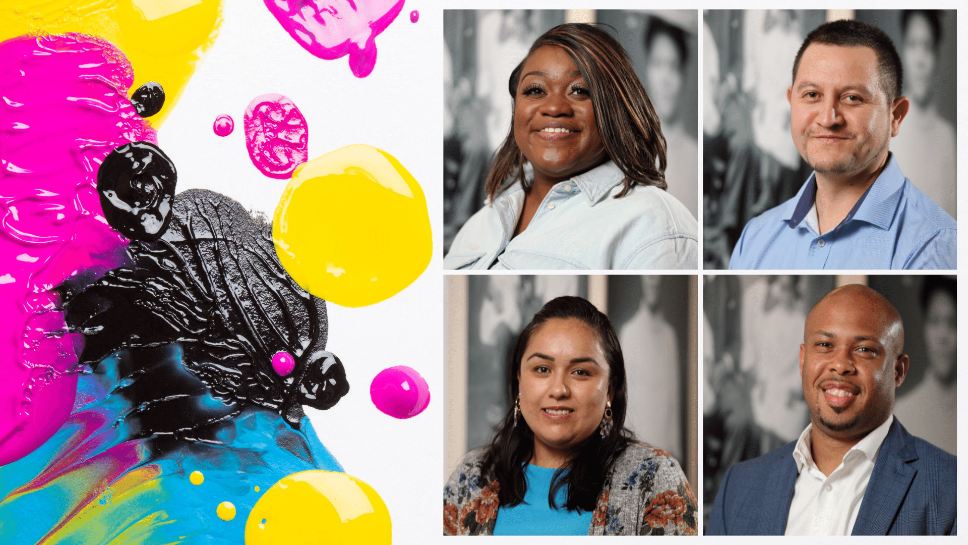 Banner image with paint and four headshots of equity center fellows