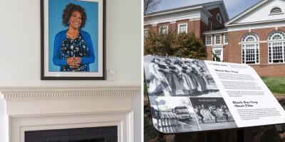 split photo of rita dove portrait over a fireplace and marker outside