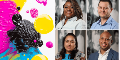Banner image with paint and four headshots of equity center fellows